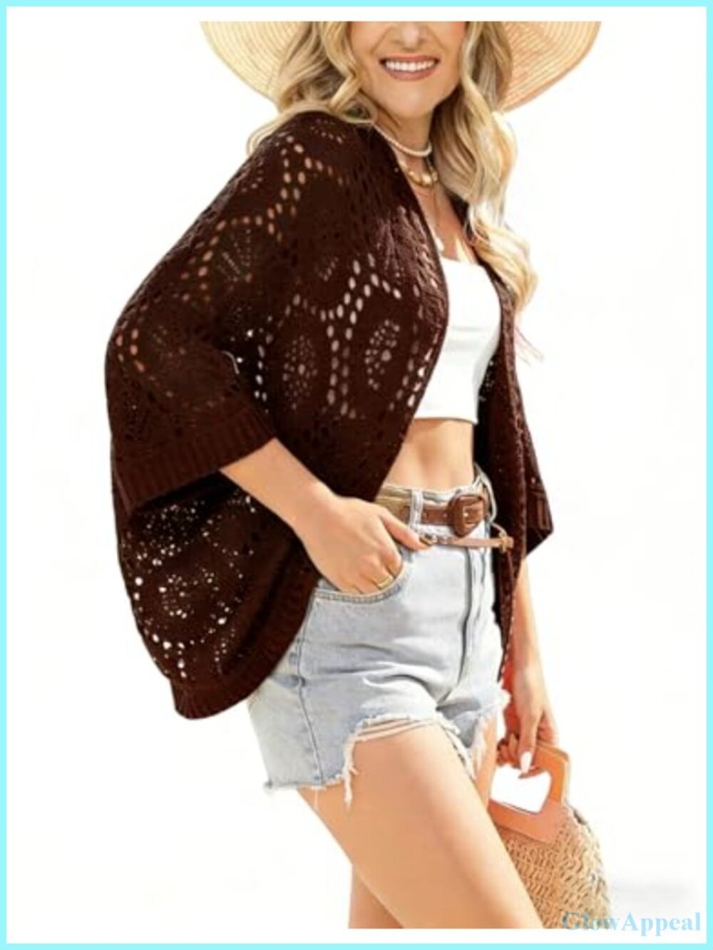 Crochet Cardigan Women Summer 3/4 Sleeve Open Front